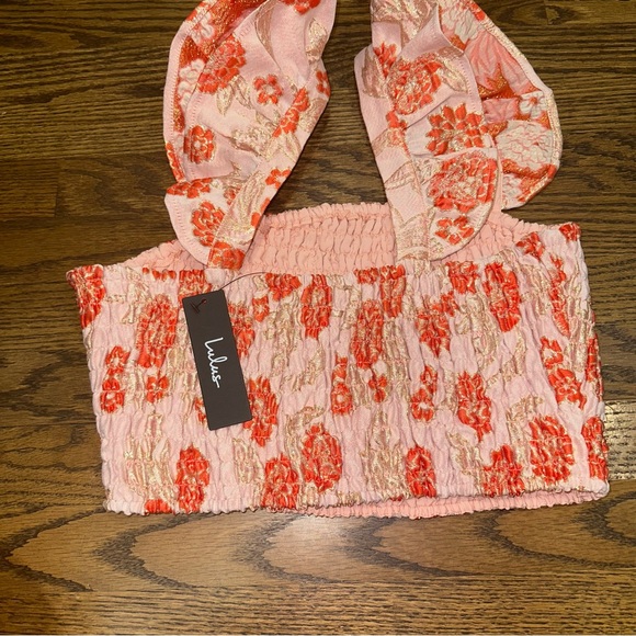 NWT Womens M/6 - Charm the crowd Blush pink metallic floral Jacquard smocked top - Picture 11 of 12